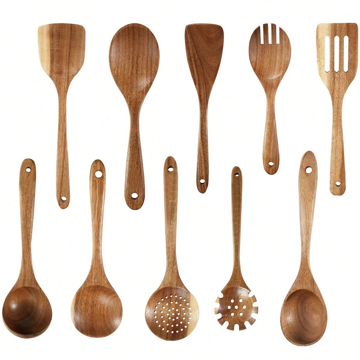 10pcs Wooden Kitchen Utensils Kit,Smooth Finish Teak Wooden Kitchen Utensils Set,Non-Stick, Lightweight Kitchen Supplies Baking Accessories For Cooking