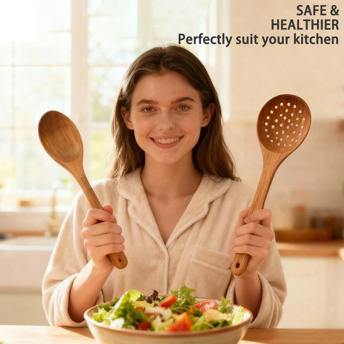 10pcs Wooden Kitchen Utensils Kit,Smooth Finish Teak Wooden Kitchen Utensils Set,Non-Stick, Lightweight Kitchen Supplies Baking Accessories For Cooking
