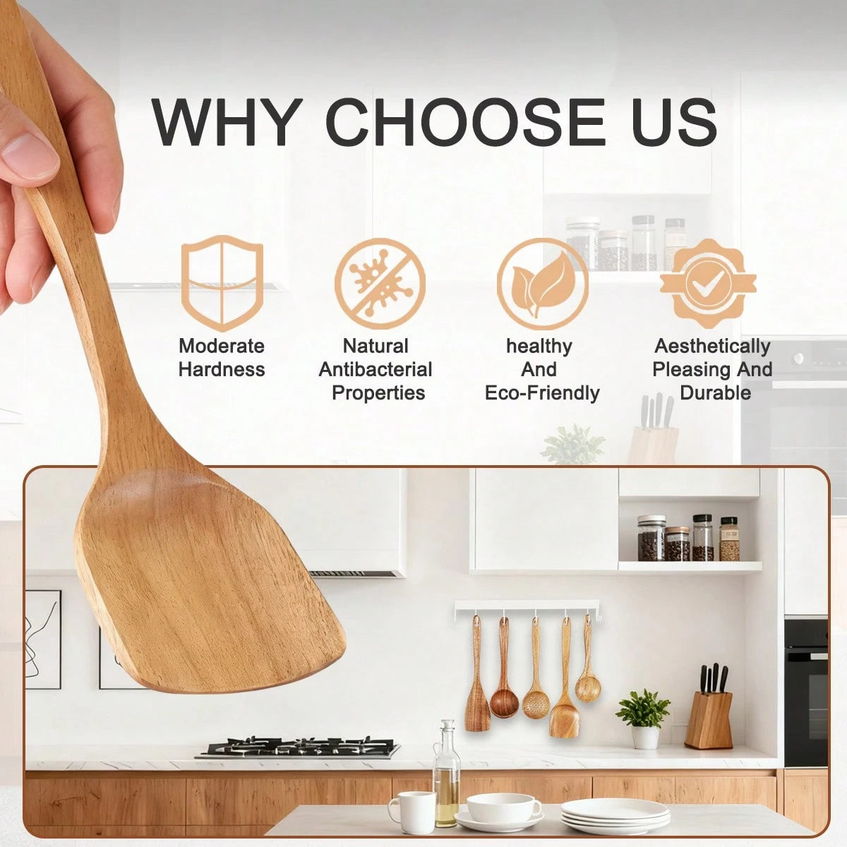 10pcs Wooden Kitchen Utensils Kit,Smooth Finish Teak Wooden Kitchen Utensils Set,Non-Stick, Lightweight Kitchen Supplies Baking Accessories For Cooking