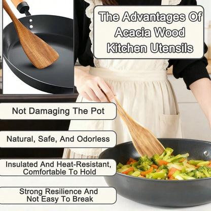 10pcs Wooden Kitchen Utensils Kit,Smooth Finish Teak Wooden Kitchen Utensils Set,Non-Stick, Lightweight Kitchen Supplies Baking Accessories For Cooking