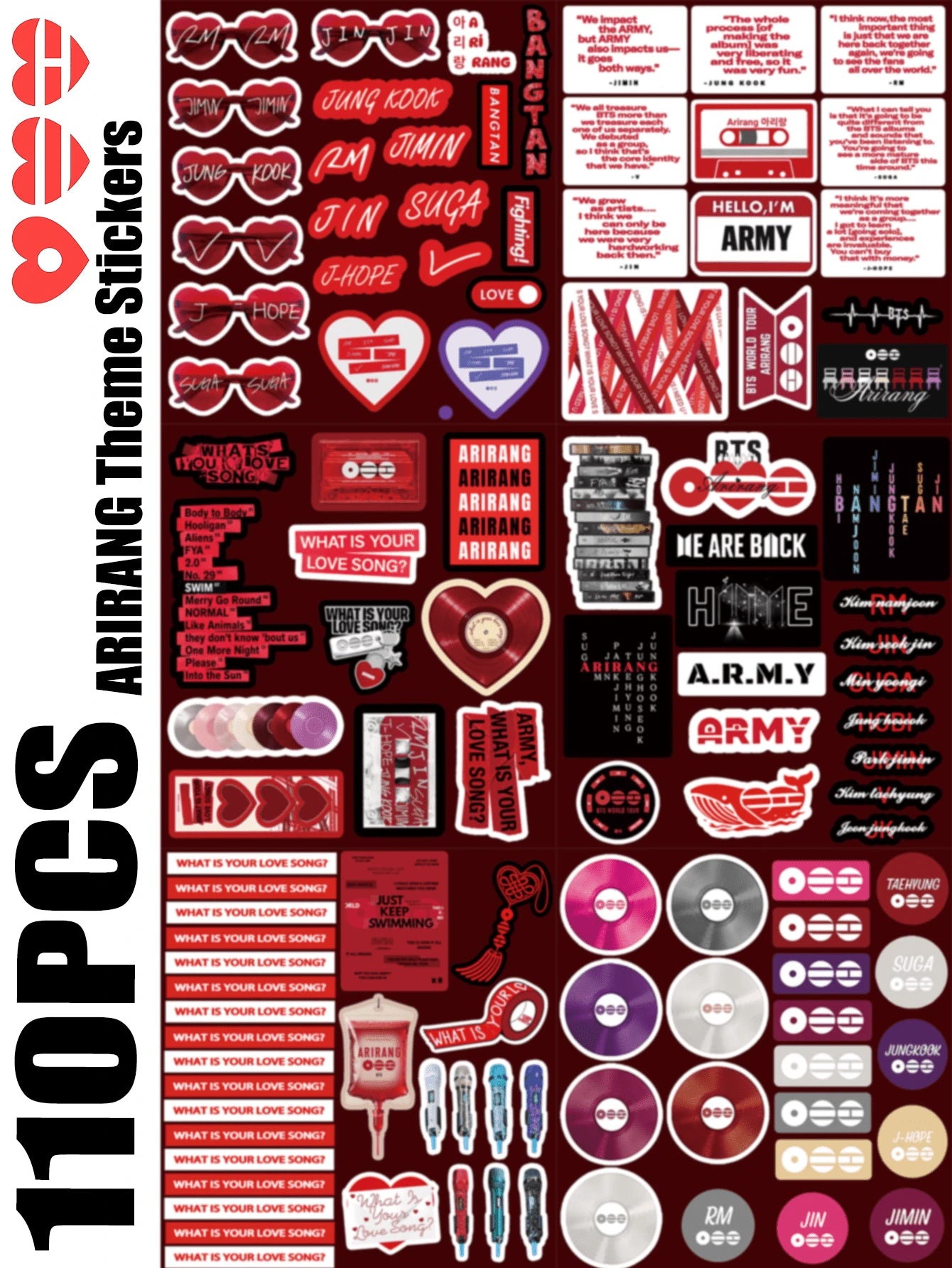 110pcs ARMY OT7, ARIRANG BTSARMY,, JHOPE,,, V, Themed Stickers, Graffiti Planner, Water Bottle, Laptop Stickers, Suitable For Luggage, Laptop, Bicycle, Motorcycle, Stationery, Scooter, Furniture