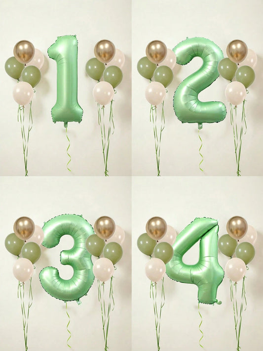 11pcs 40-Inch Number Balloon Set, Large Green 0-9 Number Foil Balloons, Avocado Green, Sand White, Metallic Gold Latex Balloons, Suitable For Birthday Party, Baby Shower, Anniversary, Home Party Decor