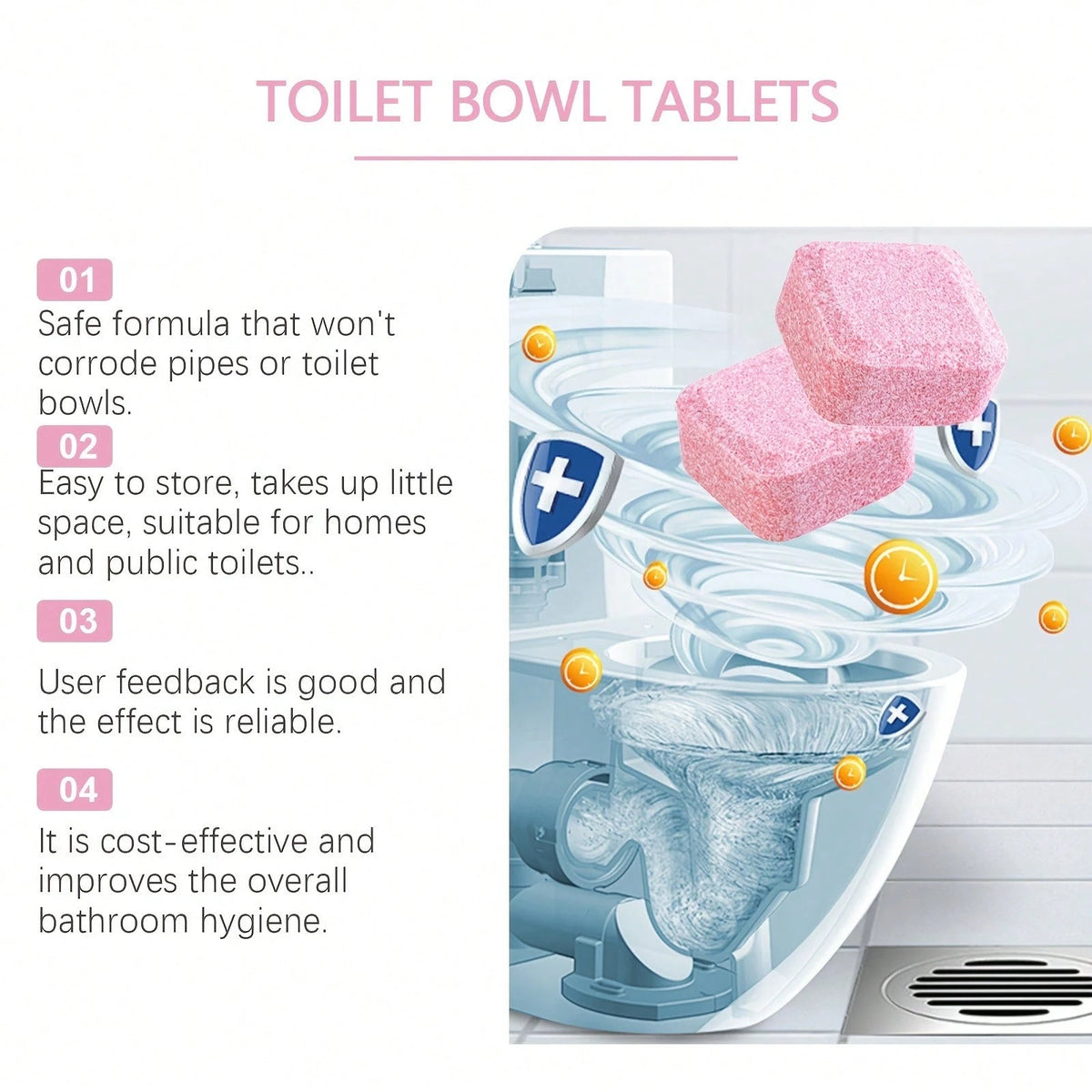 12/24/48pcs Automatic Toilet Bowl & Tank Cleaner Tablets- No Residue,Fragrance-Free Multi-In-1 Cleaning For Deep Cleaning & Freshness- Commercial & Home Bathroom Use (Pink Clean Bubbles),Efficient C