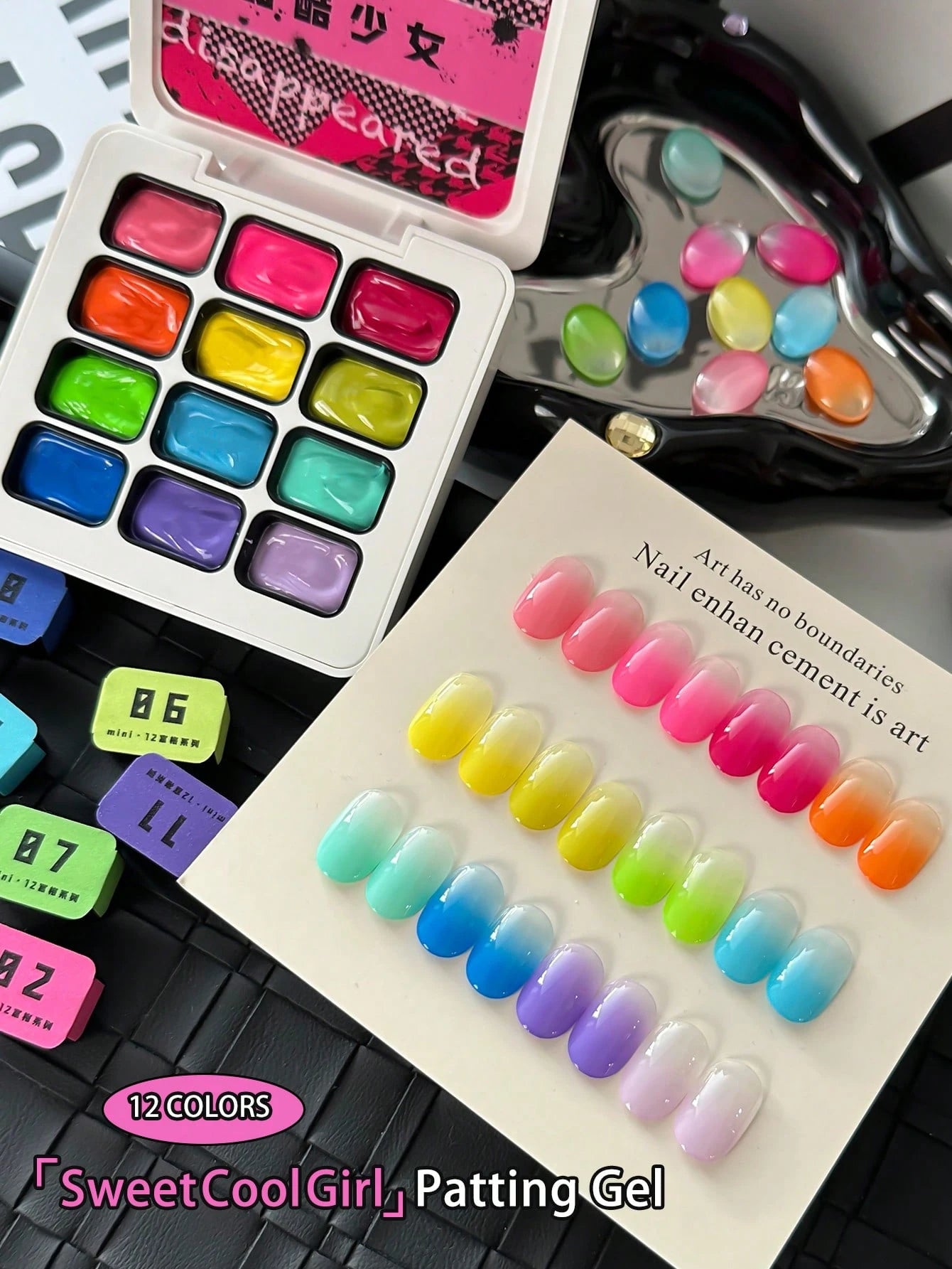 12-Color Sweet & Edgy Patting Gel Set- Playful Pink & Bold Black Hues With Glossy Finish, Perfect For Teen Girls' Nail Art & Everyday Looks, Easy Apply & Long-Lasting