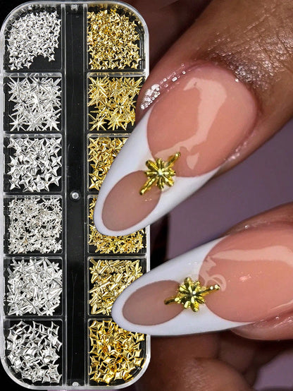12-Slot Metal Nail Art Decoration Set, Non-Allergenic, 3D Gold & Silver Star Rivet Hexagon Decor, Suitable For DIY Nail Art Nail Charms