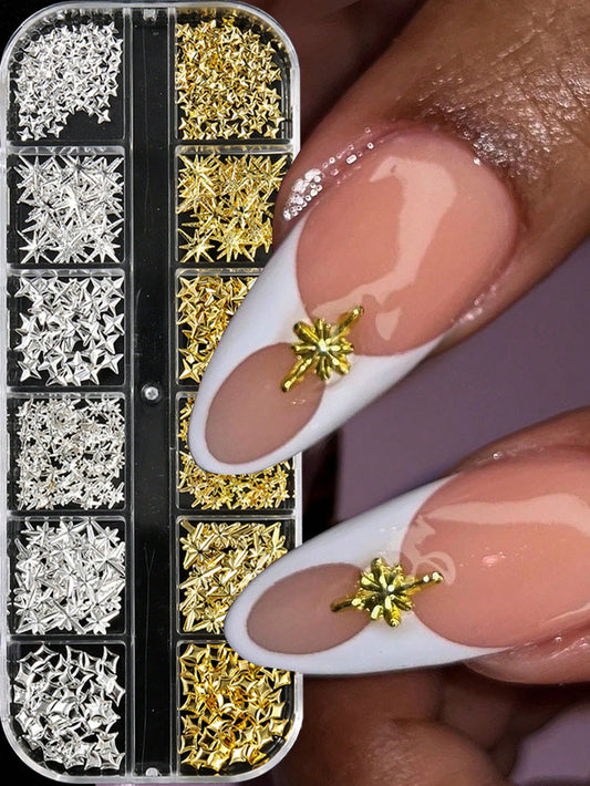 12-Slot Metal Nail Art Decoration Set, Non-Allergenic, 3D Gold & Silver Star Rivet Hexagon Decor, Suitable For DIY Nail Art Nail Charms