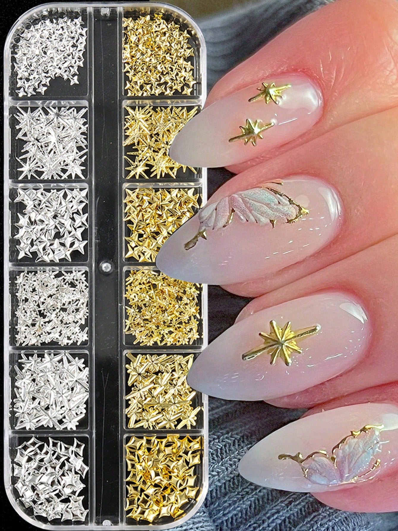12-Slot Metal Nail Art Decoration Set, Non-Allergenic, 3D Gold & Silver Star Rivet Hexagon Decor, Suitable For DIY Nail Art Nail Charms