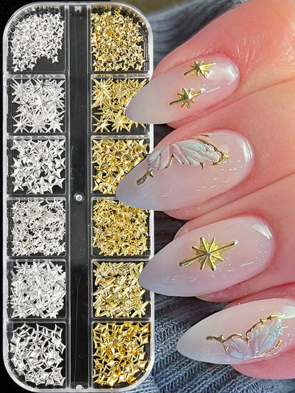12-Slot Metal Nail Art Decoration Set, Non-Allergenic, 3D Gold & Silver Star Rivet Hexagon Decor, Suitable For DIY Nail Art Nail Charms