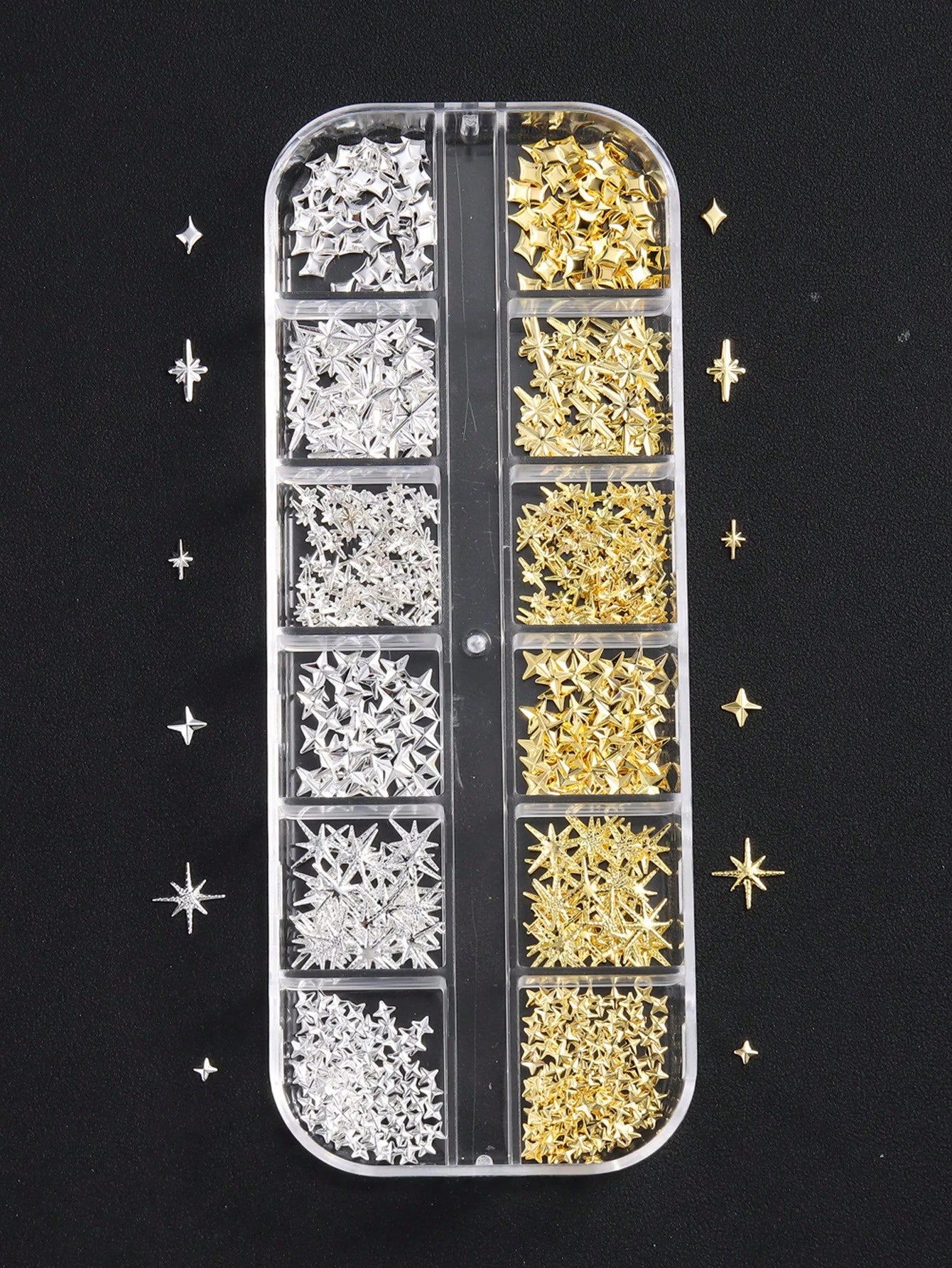 12-Slot Metal Nail Art Decoration Set, Non-Allergenic, 3D Gold & Silver Star Rivet Hexagon Decor, Suitable For DIY Nail Art Nail Charms