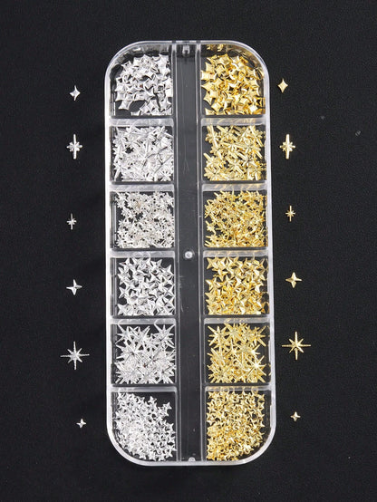 12-Slot Metal Nail Art Decoration Set, Non-Allergenic, 3D Gold & Silver Star Rivet Hexagon Decor, Suitable For DIY Nail Art Nail Charms