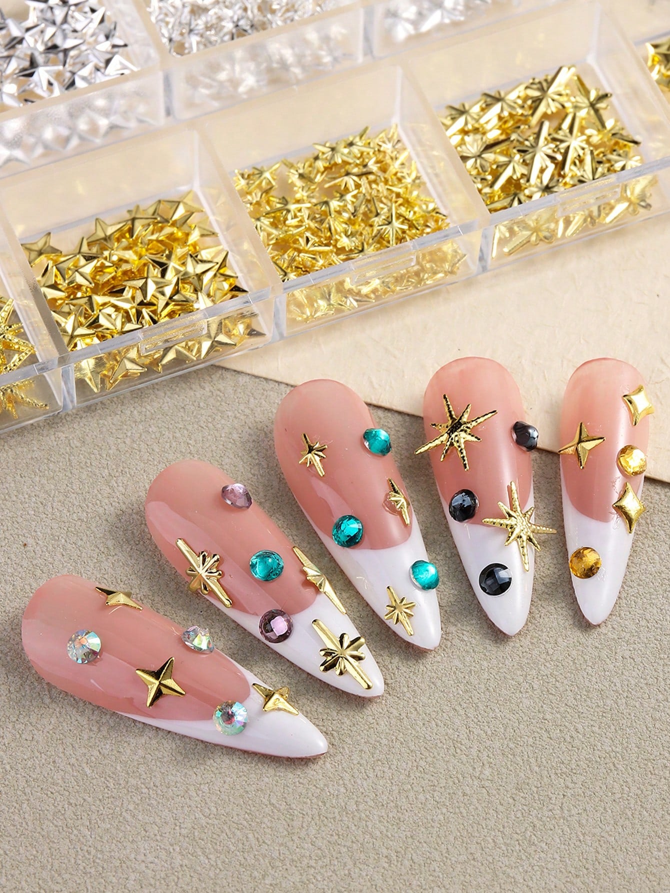 12-Slot Metal Nail Art Decoration Set, Non-Allergenic, 3D Gold & Silver Star Rivet Hexagon Decor, Suitable For DIY Nail Art Nail Charms