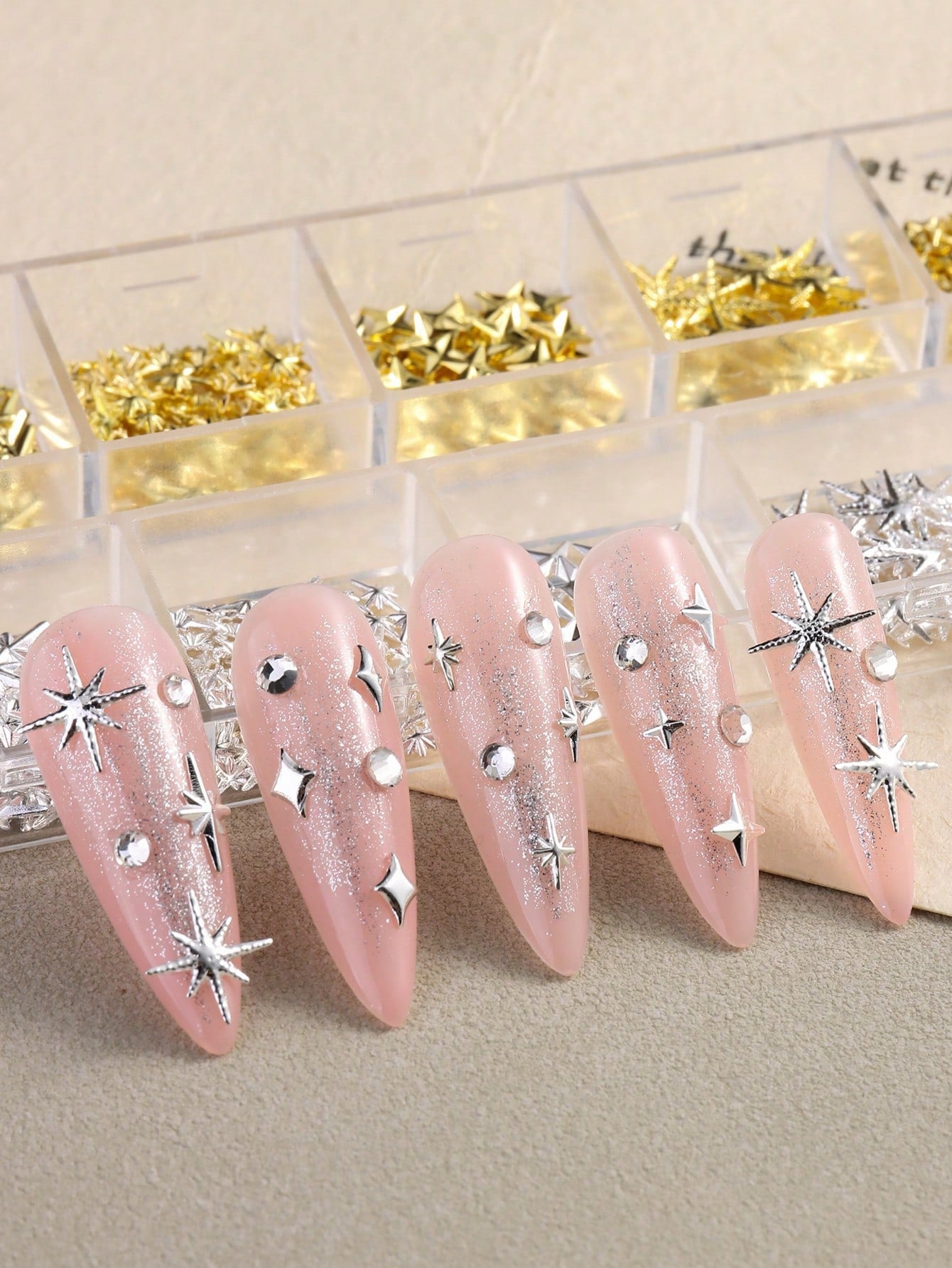 12-Slot Metal Nail Art Decoration Set, Non-Allergenic, 3D Gold & Silver Star Rivet Hexagon Decor, Suitable For DIY Nail Art Nail Charms