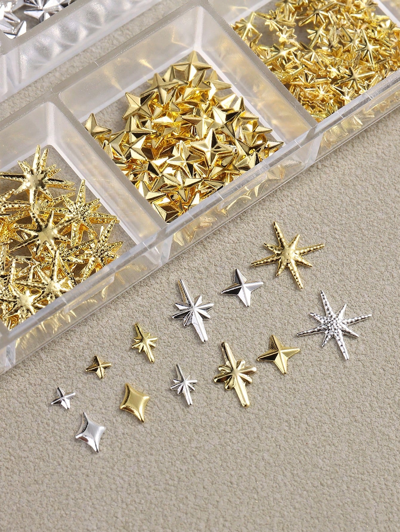 12-Slot Metal Nail Art Decoration Set, Non-Allergenic, 3D Gold & Silver Star Rivet Hexagon Decor, Suitable For DIY Nail Art Nail Charms