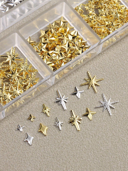 12-Slot Metal Nail Art Decoration Set, Non-Allergenic, 3D Gold & Silver Star Rivet Hexagon Decor, Suitable For DIY Nail Art Nail Charms