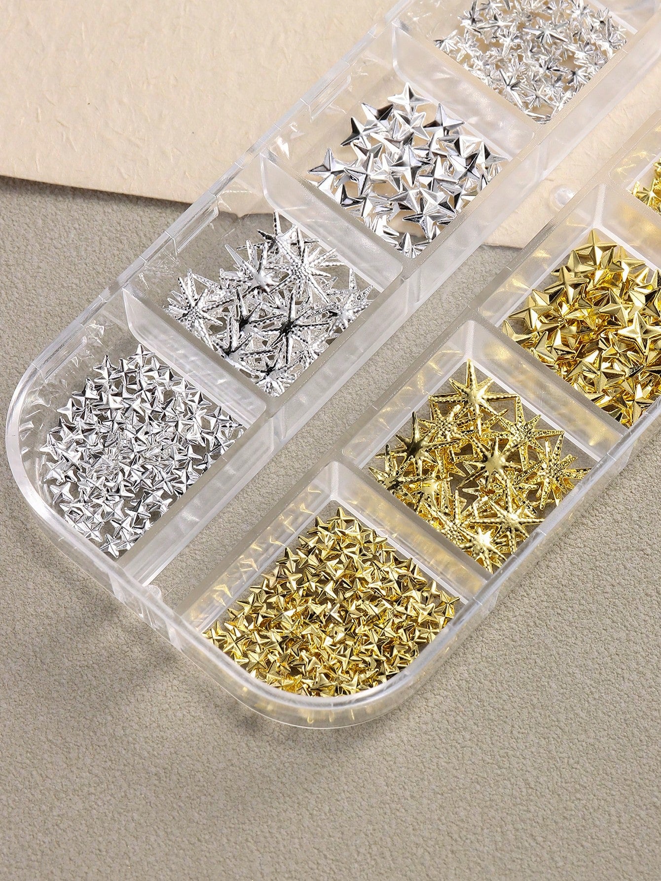 12-Slot Metal Nail Art Decoration Set, Non-Allergenic, 3D Gold & Silver Star Rivet Hexagon Decor, Suitable For DIY Nail Art Nail Charms