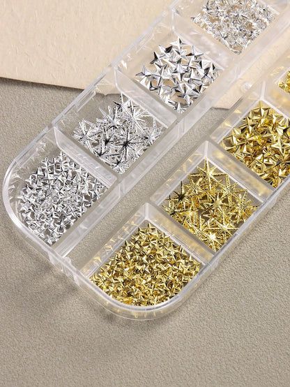 12-Slot Metal Nail Art Decoration Set, Non-Allergenic, 3D Gold & Silver Star Rivet Hexagon Decor, Suitable For DIY Nail Art Nail Charms