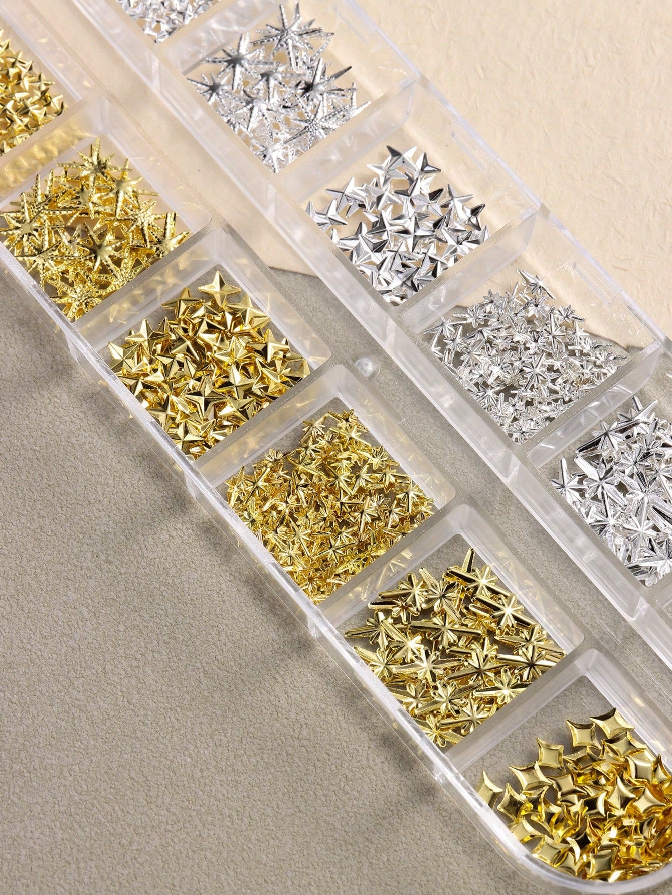 12-Slot Metal Nail Art Decoration Set, Non-Allergenic, 3D Gold & Silver Star Rivet Hexagon Decor, Suitable For DIY Nail Art Nail Charms
