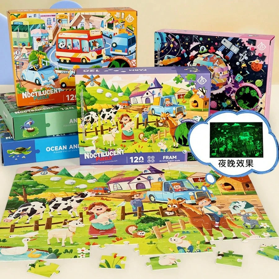 120 Piece Puzzle Board Children's Puzzle Early Education Toy Farm Animal Transportation Belt Night Light Effect Children's Night Light Early Education Puzzle 120 Piece Paper Puzzle Toy Farm Dragon Pho