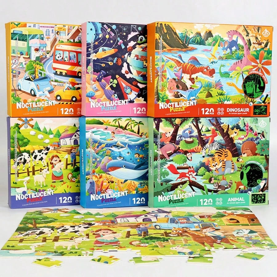 120 Piece Puzzle Board Children's Puzzle Early Education Toy Farm Animal Transportation Belt Night Light Effect Children's Night Light Early Education Puzzle 120 Piece Paper Puzzle Toy Farm Dragon Pho