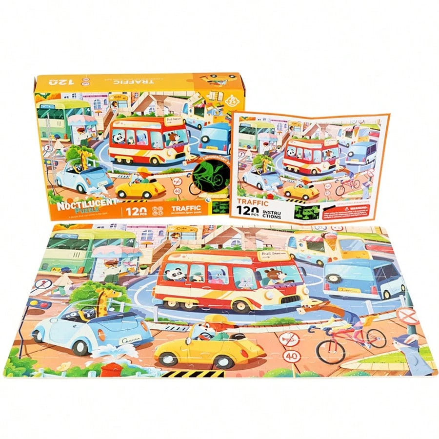 120 Piece Puzzle Board Children's Puzzle Early Education Toy Farm Animal Transportation Belt Night Light Effect Children's Night Light Early Education Puzzle 120 Piece Paper Puzzle Toy Farm Dragon Pho