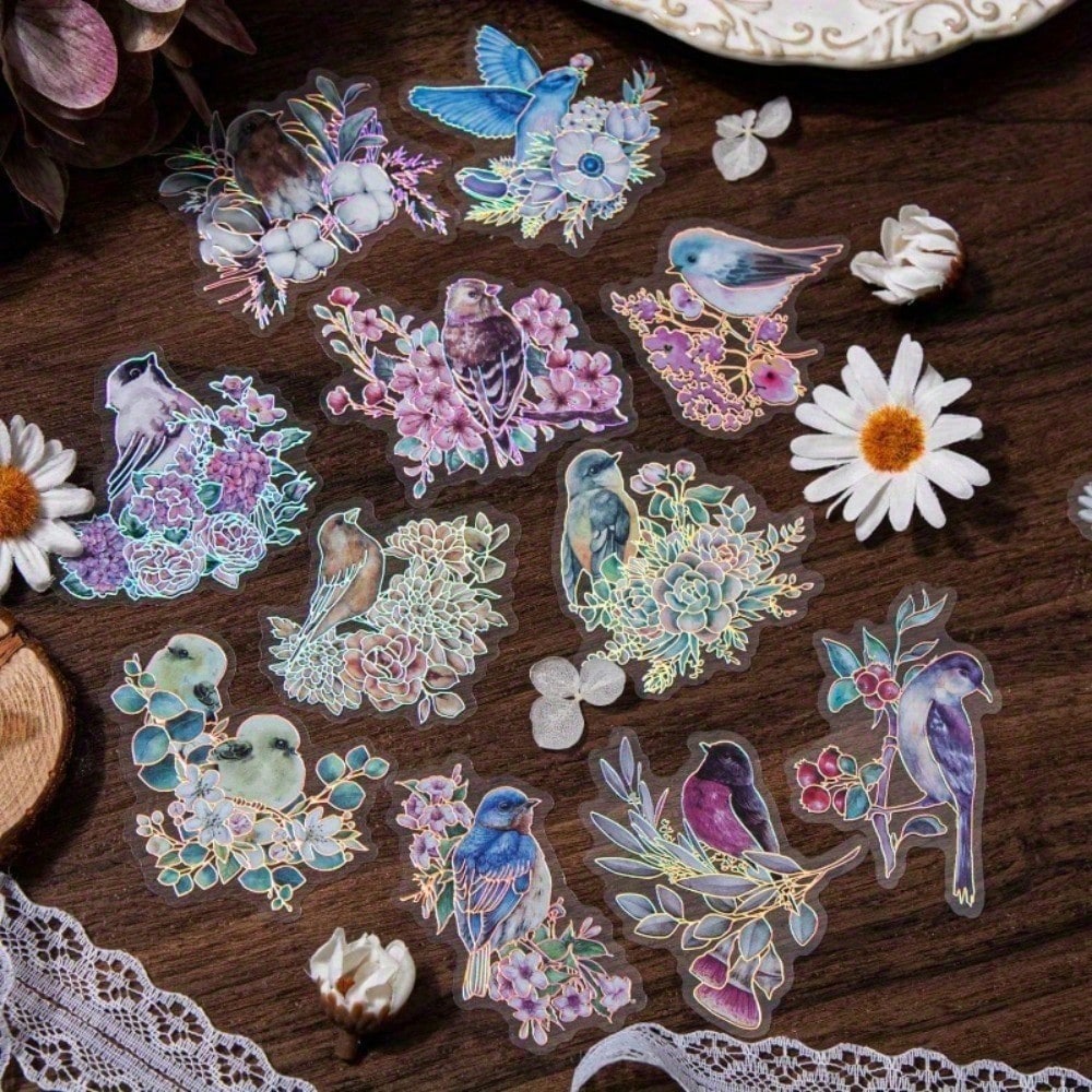 120 Pieces Birds And Flowers Stickers With Holographic Edge And Clear Background, Nature Scrapbooking Sticker For Journaling Supplies Bullet Journal Planner Card Making DIY Crafts