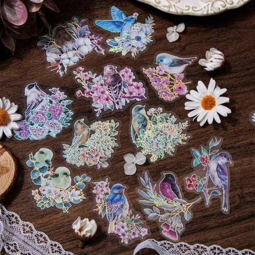 120 Pieces Birds And Flowers Stickers With Holographic Edge And Clear Background, Nature Scrapbooking Sticker For Journaling Supplies Bullet Journal Planner Card Making DIY Crafts