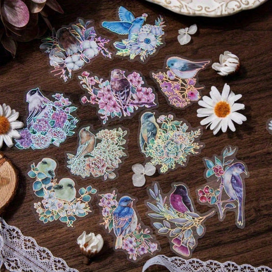 120 Pieces Birds And Flowers Stickers With Holographic Edge And Clear Background, Nature Scrapbooking Sticker For Journaling Supplies Bullet Journal Planner Card Making DIY Crafts