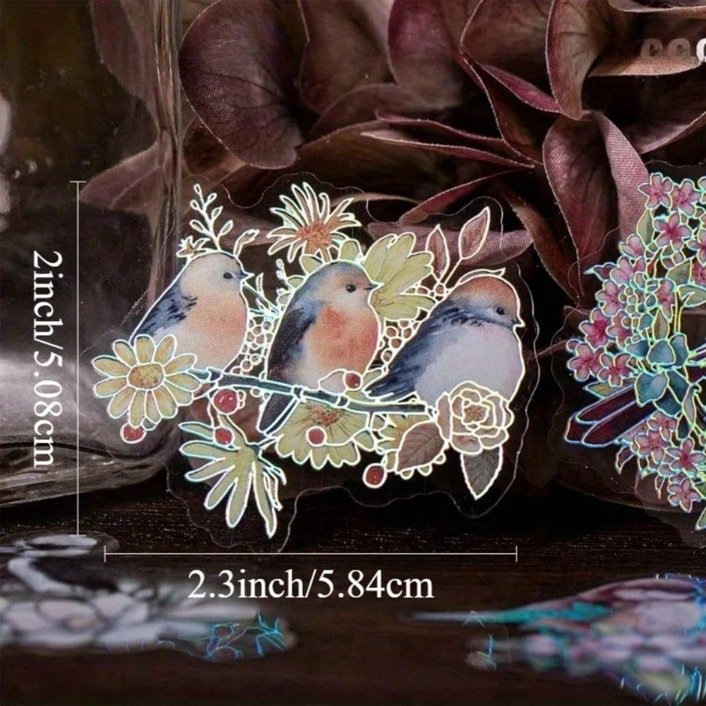 120 Pieces Birds And Flowers Stickers With Holographic Edge And Clear Background, Nature Scrapbooking Sticker For Journaling Supplies Bullet Journal Planner Card Making DIY Crafts
