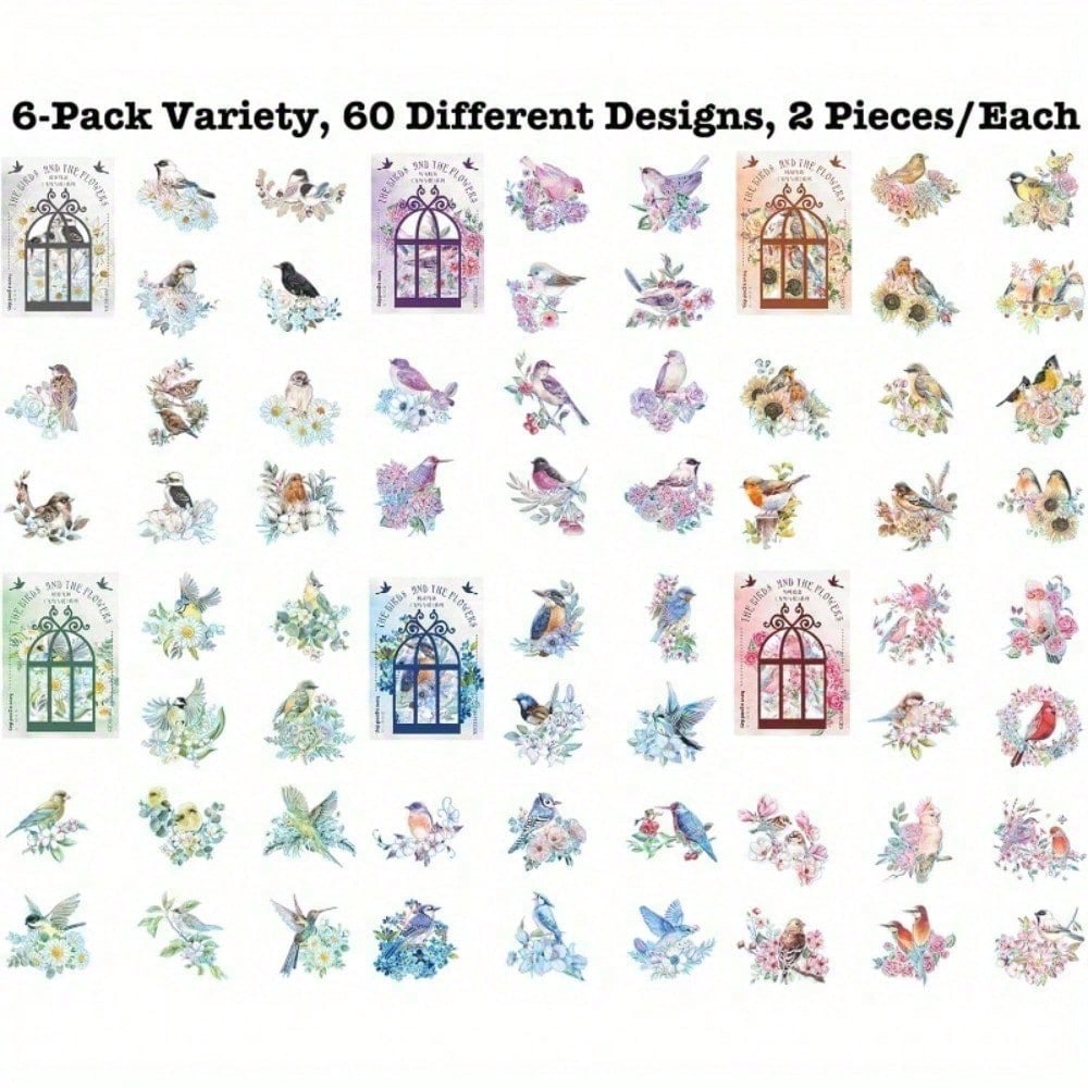 120 Pieces Birds And Flowers Stickers With Holographic Edge And Clear Background, Nature Scrapbooking Sticker For Journaling Supplies Bullet Journal Planner Card Making DIY Crafts