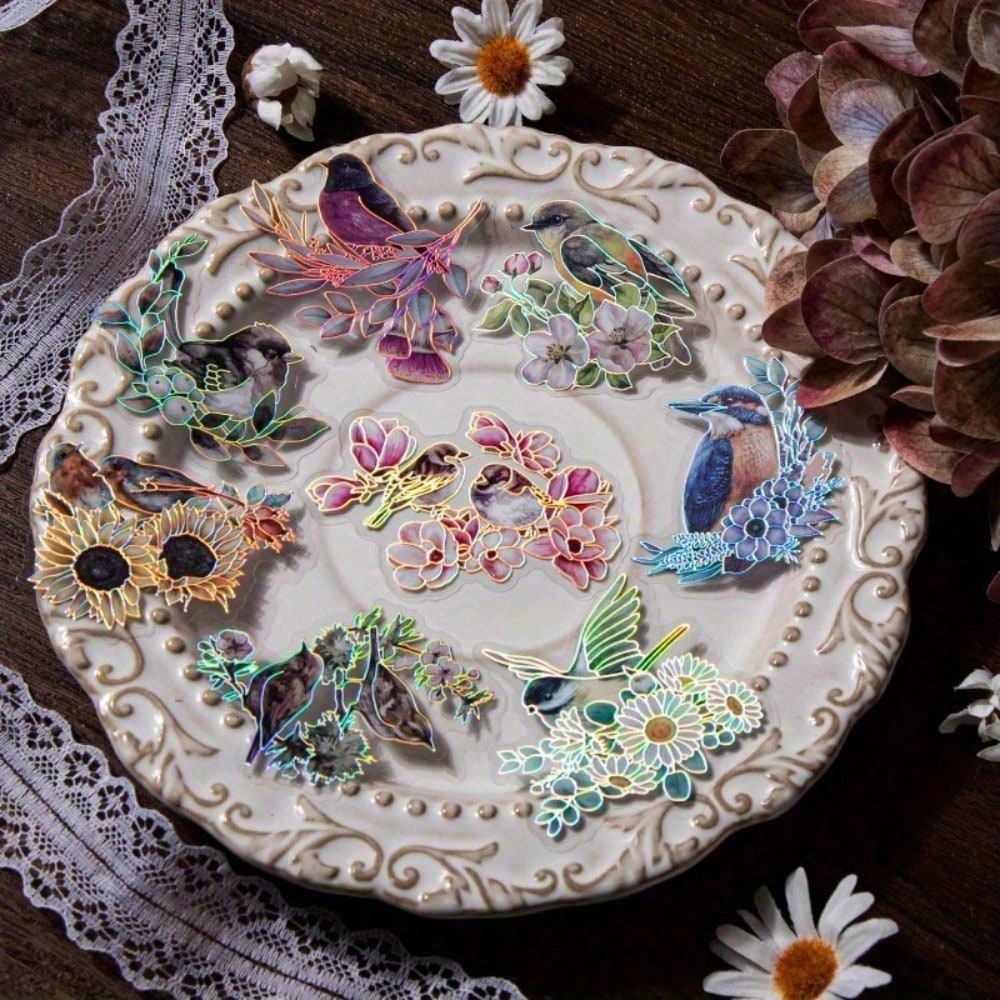 120 Pieces Birds And Flowers Stickers With Holographic Edge And Clear Background, Nature Scrapbooking Sticker For Journaling Supplies Bullet Journal Planner Card Making DIY Crafts
