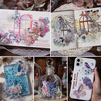 120 Pieces Birds And Flowers Stickers With Holographic Edge And Clear Background, Nature Scrapbooking Sticker For Journaling Supplies Bullet Journal Planner Card Making DIY Crafts
