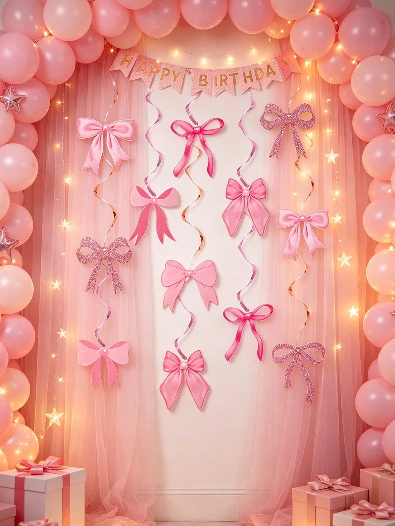 12pcs Pink Bow Spiral Hanging Decorations, Pink Bow Paper Hanging Decorations, Pink Bow Birthday Decorations, Baby Shower Decorations, Wedding Decorations, Gender Reveal Party Supplies, Girl Birthday
