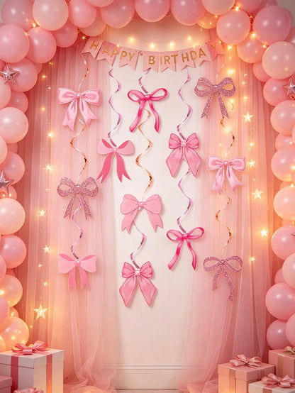 12pcs Pink Bow Spiral Hanging Decorations, Pink Bow Paper Hanging Decorations, Pink Bow Birthday Decorations, Baby Shower Decorations, Wedding Decorations, Gender Reveal Party Supplies, Girl Birthday