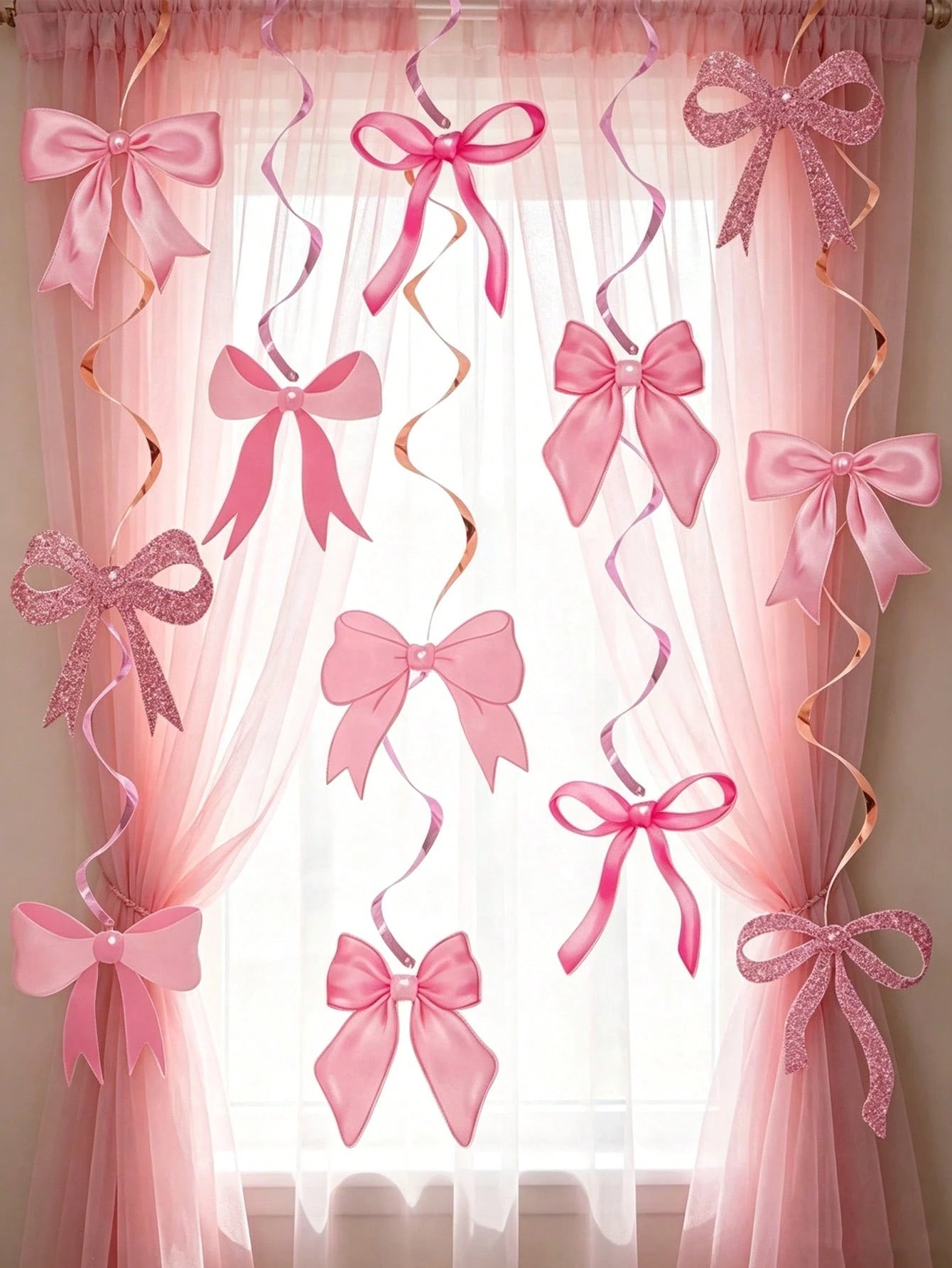 12pcs Pink Bow Spiral Hanging Decorations, Pink Bow Paper Hanging Decorations, Pink Bow Birthday Decorations, Baby Shower Decorations, Wedding Decorations, Gender Reveal Party Supplies, Girl Birthday
