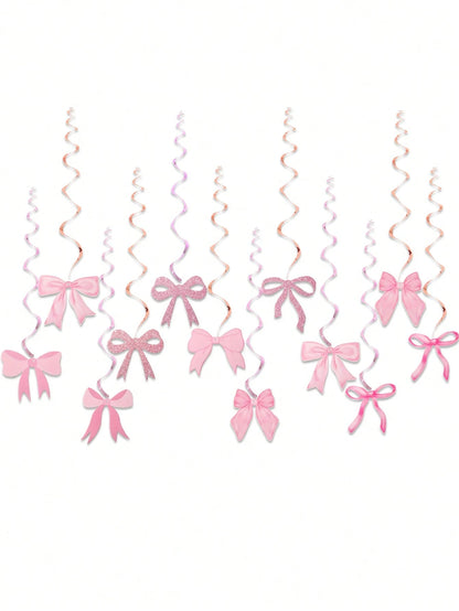 12pcs Pink Bow Spiral Hanging Decorations, Pink Bow Paper Hanging Decorations, Pink Bow Birthday Decorations, Baby Shower Decorations, Wedding Decorations, Gender Reveal Party Supplies, Girl Birthday