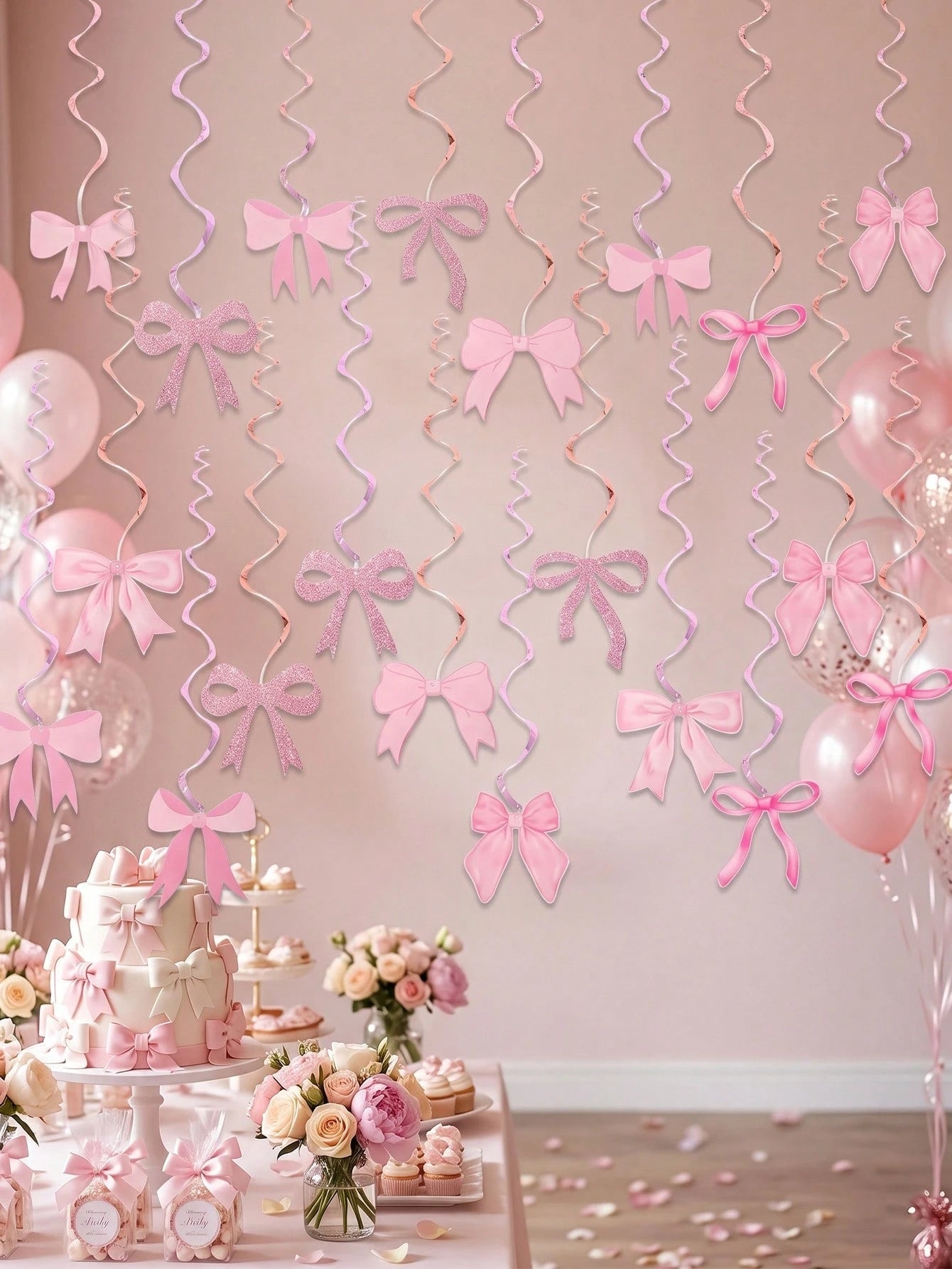12pcs Pink Bow Spiral Hanging Decorations, Pink Bow Paper Hanging Decorations, Pink Bow Birthday Decorations, Baby Shower Decorations, Wedding Decorations, Gender Reveal Party Supplies, Girl Birthday