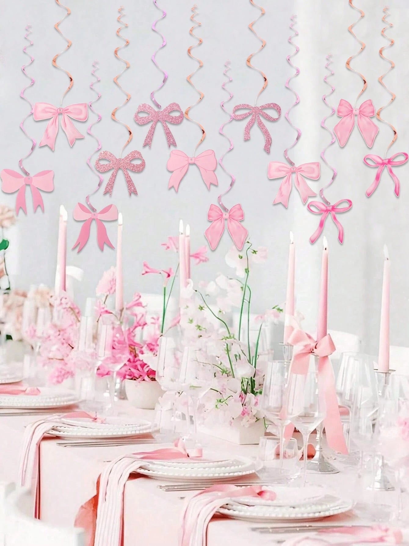 12pcs Pink Bow Spiral Hanging Decorations, Pink Bow Paper Hanging Decorations, Pink Bow Birthday Decorations, Baby Shower Decorations, Wedding Decorations, Gender Reveal Party Supplies, Girl Birthday