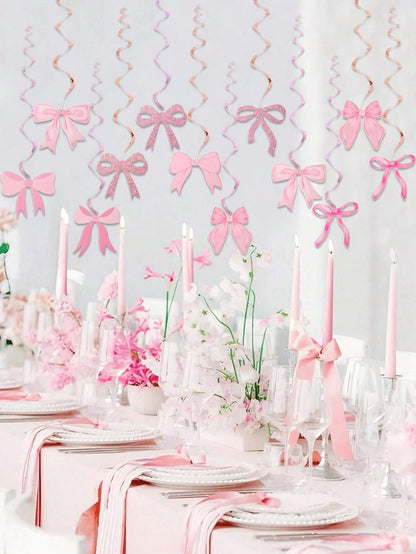 12pcs Pink Bow Spiral Hanging Decorations, Pink Bow Paper Hanging Decorations, Pink Bow Birthday Decorations, Baby Shower Decorations, Wedding Decorations, Gender Reveal Party Supplies, Girl Birthday