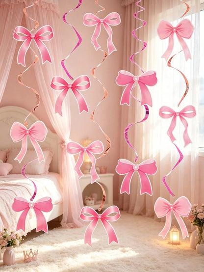 12pcs Pink Bow Spiral Hanging Decorations, Pink Bow Paper Hanging Decorations, Pink Bow Birthday Decorations, Baby Shower Decorations, Wedding Decorations, Gender Reveal Party Supplies, Girl Birthday