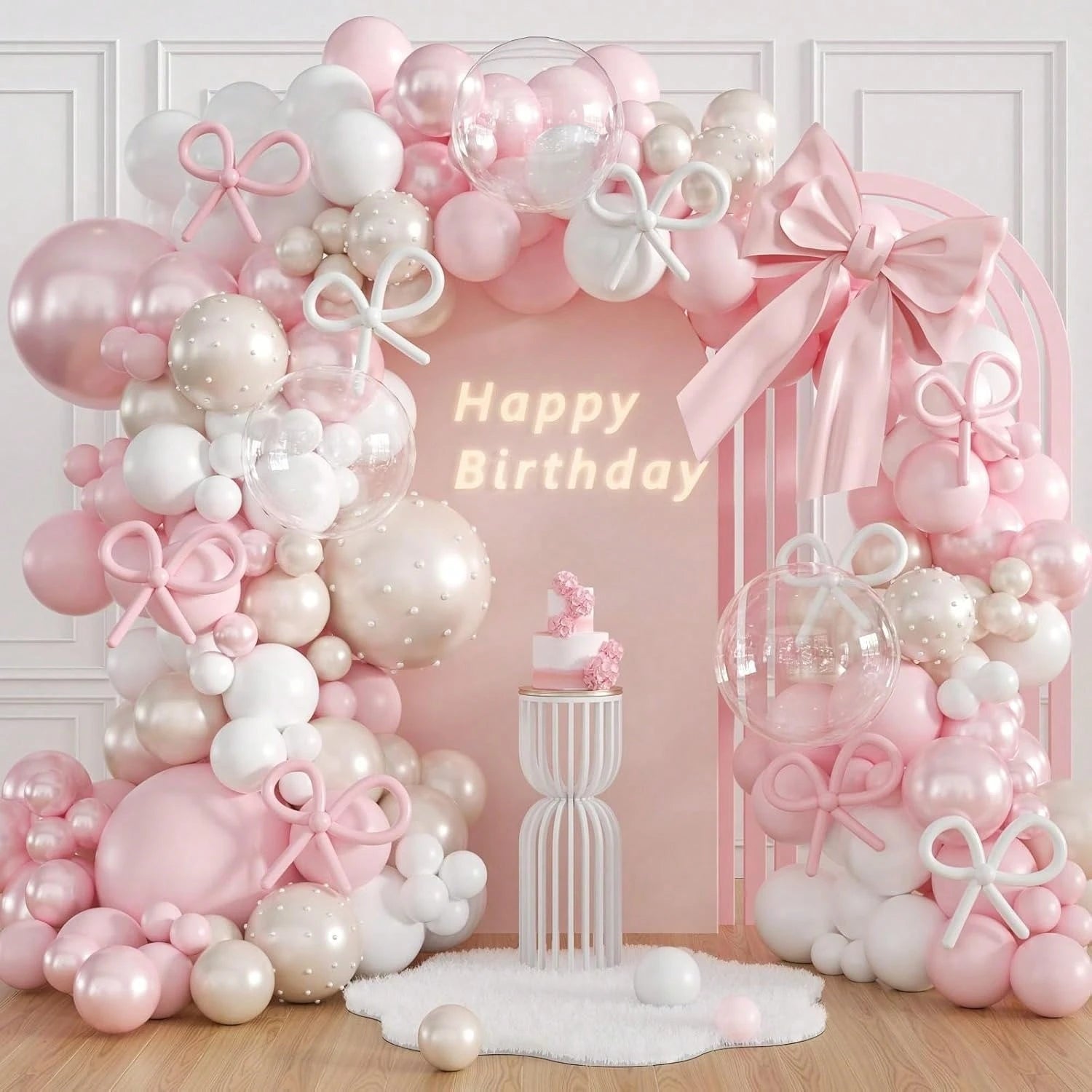 139pcs Pink Bow Balloon Arch Kit With Clear Light Pearl Pink And White Balloons For Bow Themed Bridal Baby Shower Wedding Birthday Party Decorations