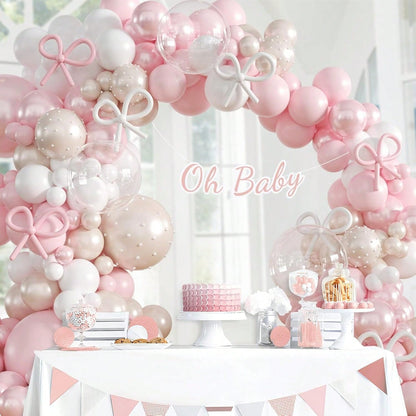 139pcs Pink Bow Balloon Arch Kit With Clear Light Pearl Pink And White Balloons For Bow Themed Bridal Baby Shower Wedding Birthday Party Decorations