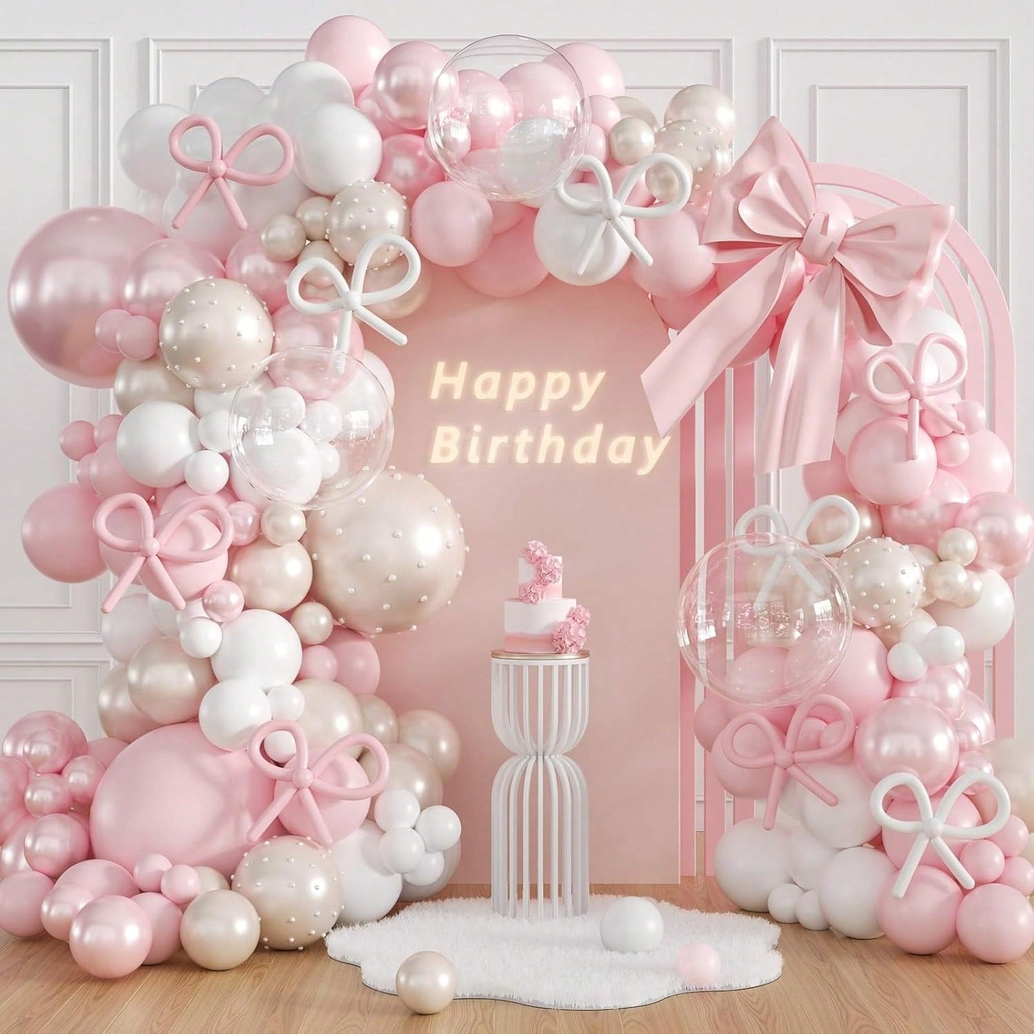 139pcs Pink Bow Balloon Arch Kit With Clear Light Pearl Pink And White Balloons For Bow Themed Bridal Baby Shower Wedding Birthday Party Decorations