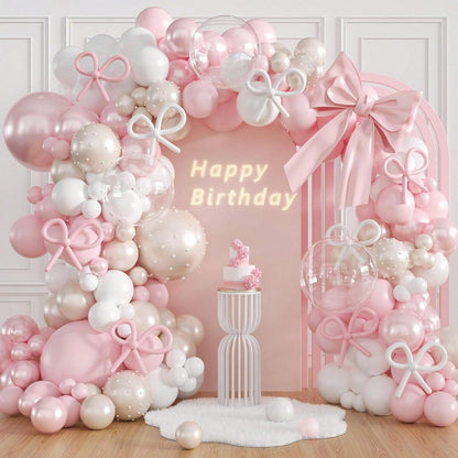 139pcs Pink Bow Balloon Arch Kit With Clear Light Pearl Pink And White Balloons For Bow Themed Bridal Baby Shower Wedding Birthday Party Decorations