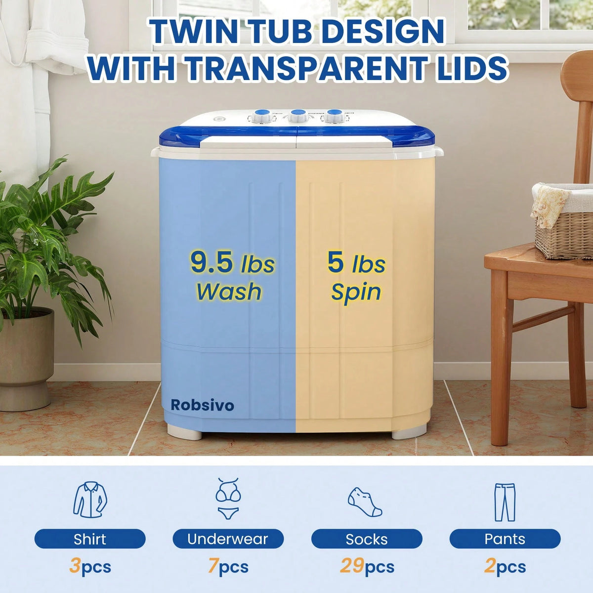 14.5 Lbs Portable Washing Machine, Twin Tub Washing Machine Laundry Compact Washer Spinner Combo, 9.5 Lbs Washer And 5 Lbs Spinner Dryer For Apartments RVs And Dorms