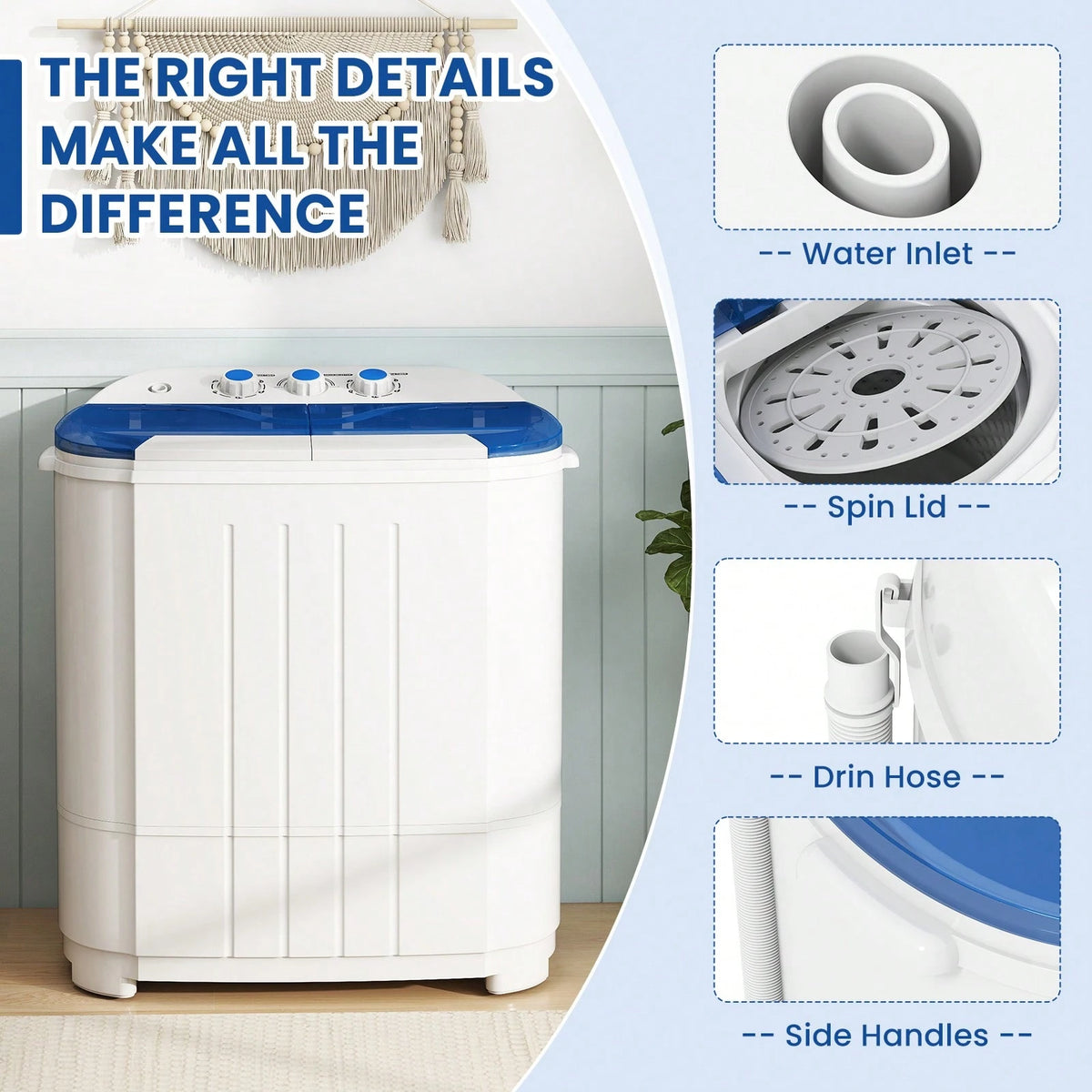 14.5 Lbs Portable Washing Machine, Twin Tub Washing Machine Laundry Compact Washer Spinner Combo, 9.5 Lbs Washer And 5 Lbs Spinner Dryer For Apartments RVs And Dorms