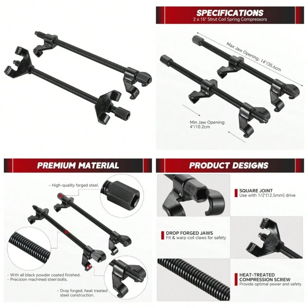 14" Coil Spring Compressor Tool| Heavy Duty Suspension Strut Remover Installer Tool Kit Macpherson Coil Spring Compressor Automotive Strut Spring Compressor With 2 Steel Jaws
