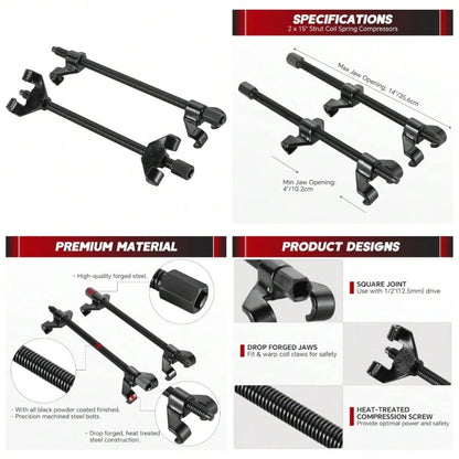 14" Coil Spring Compressor Tool| Heavy Duty Suspension Strut Remover Installer Tool Kit Macpherson Coil Spring Compressor Automotive Strut Spring Compressor With 2 Steel Jaws
