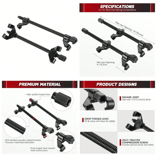 14" Coil Spring Compressor Tool| Heavy Duty Suspension Strut Remover Installer Tool Kit Macpherson Coil Spring Compressor Automotive Strut Spring Compressor With 2 Steel Jaws