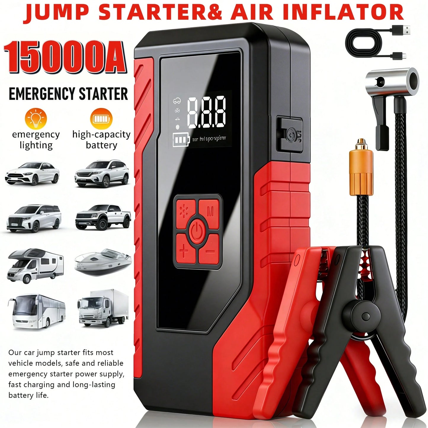 15000A Peak 250PSI 12V 17-In-1 Portable Jump Starter With Air Compressor, 5000mAh, Car Battery Charger, Car Jump Starter With Air Pump, Jump Starter Accessories, Auto Repair Tools, LED Flashlight, Bat