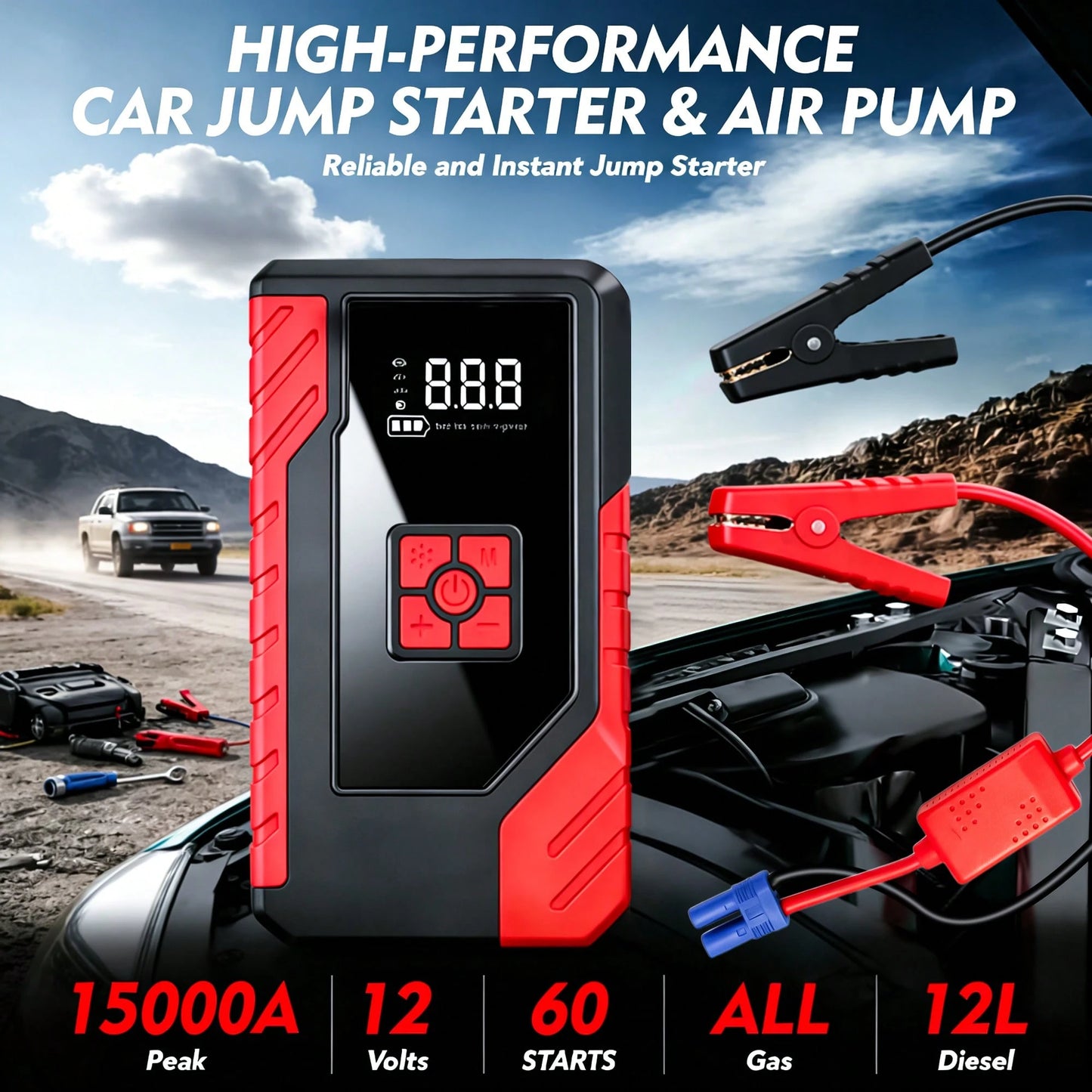 15000A Peak 250PSI 12V 17-In-1 Portable Jump Starter With Air Compressor, 5000mAh, Car Battery Charger, Car Jump Starter With Air Pump, Jump Starter Accessories, Auto Repair Tools, LED Flashlight, Bat